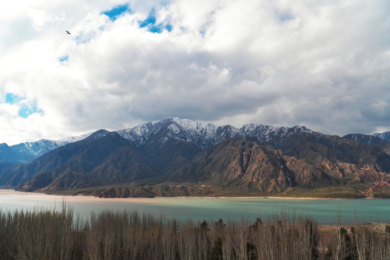Turquoise waters of the Potrerillos reservoir with the snow-capped Andes behind
